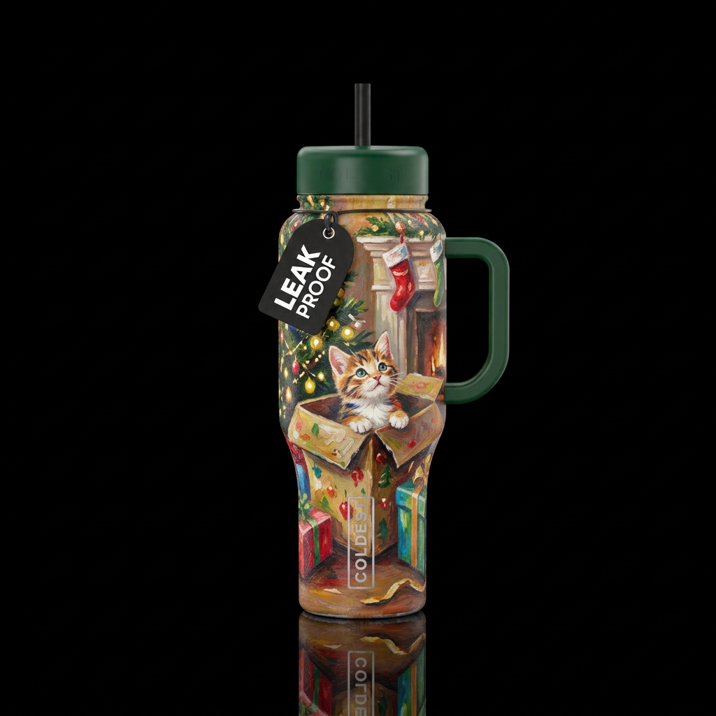 Christmas morning,  cute kitten in a box , artisti... water bottle design