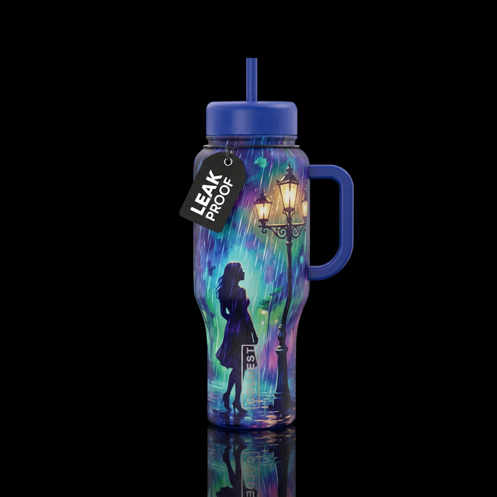 Silhouette of a lady under lamp post night time ra... water bottle design