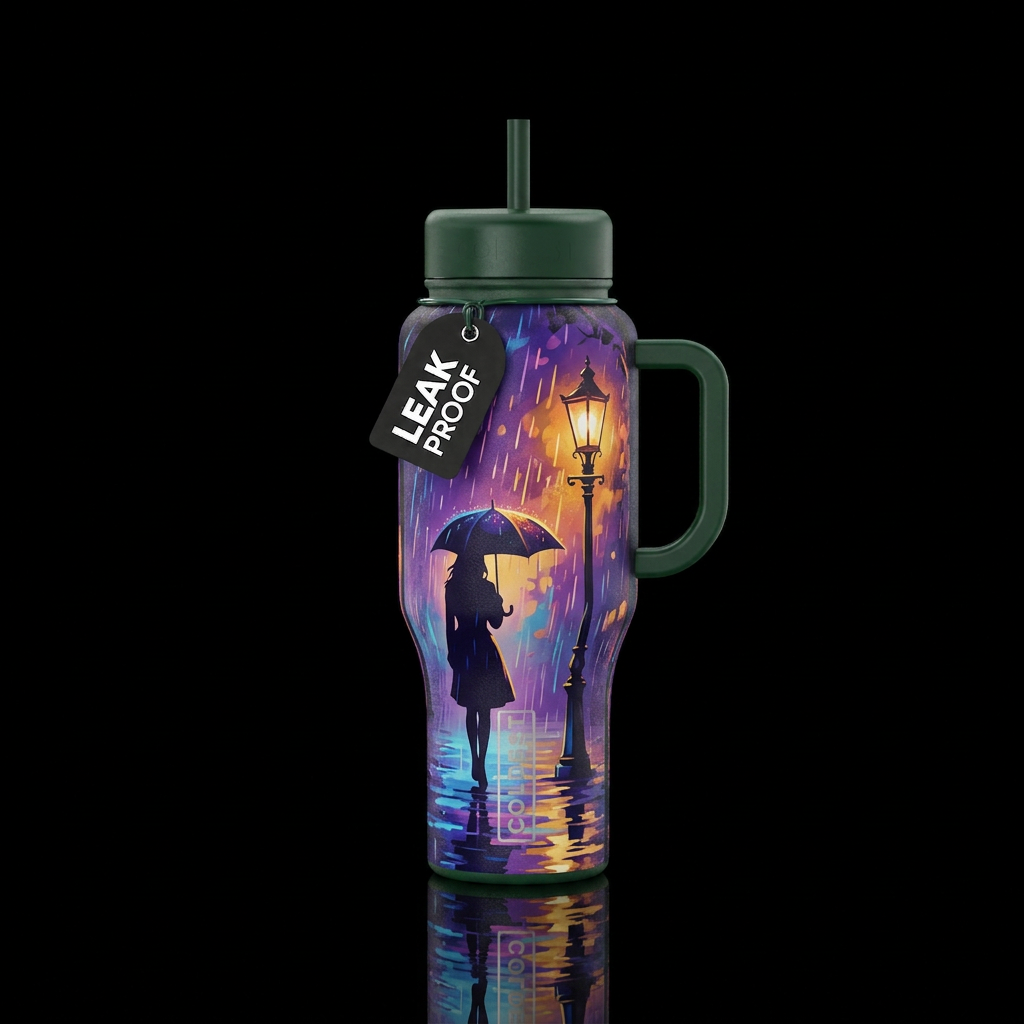 Silhouette of a lady under lamp post night time ra... water bottle design