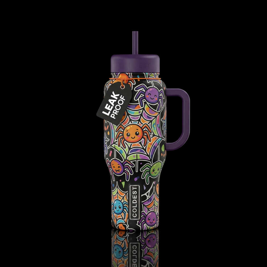 Cartoon,  cute little spider,  web, Halloween vibe... water bottle design