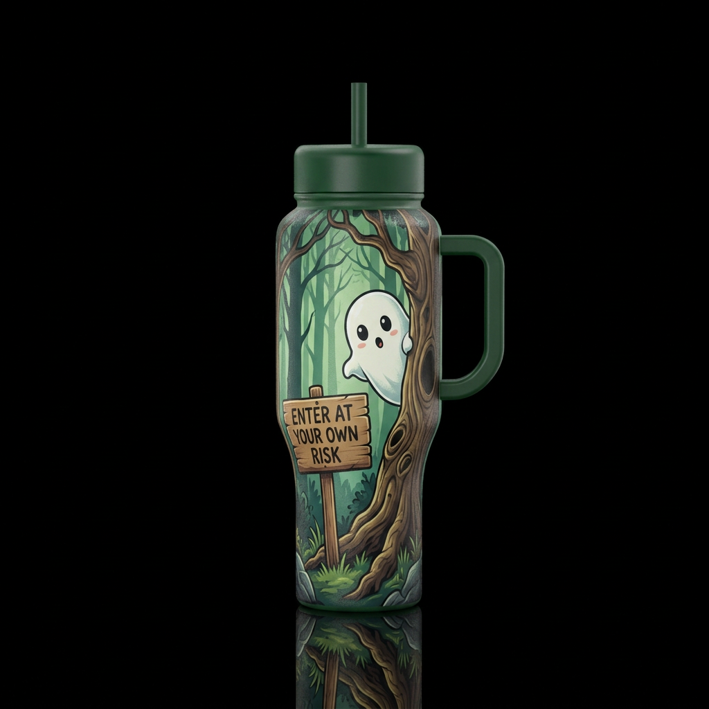 Inter at your own risk sign in front of the woods,... water bottle design