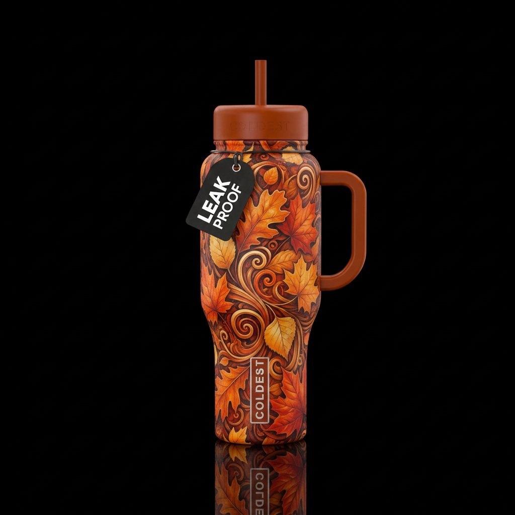 autumn leaves, fantasy, swirls, artistic, spirals,... water bottle design