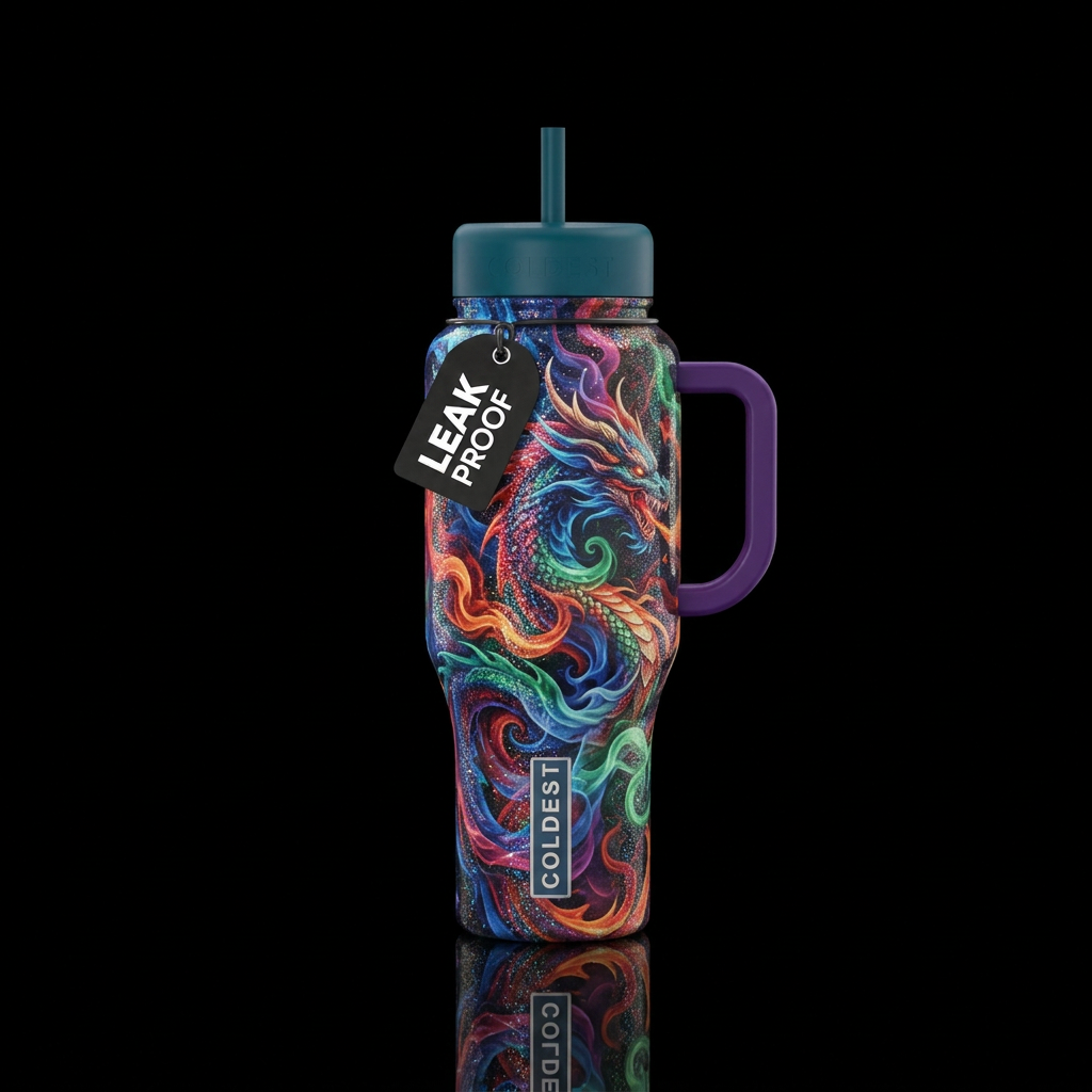fantasy, sparkly, realism, dragon, spirals, smoke water bottle design