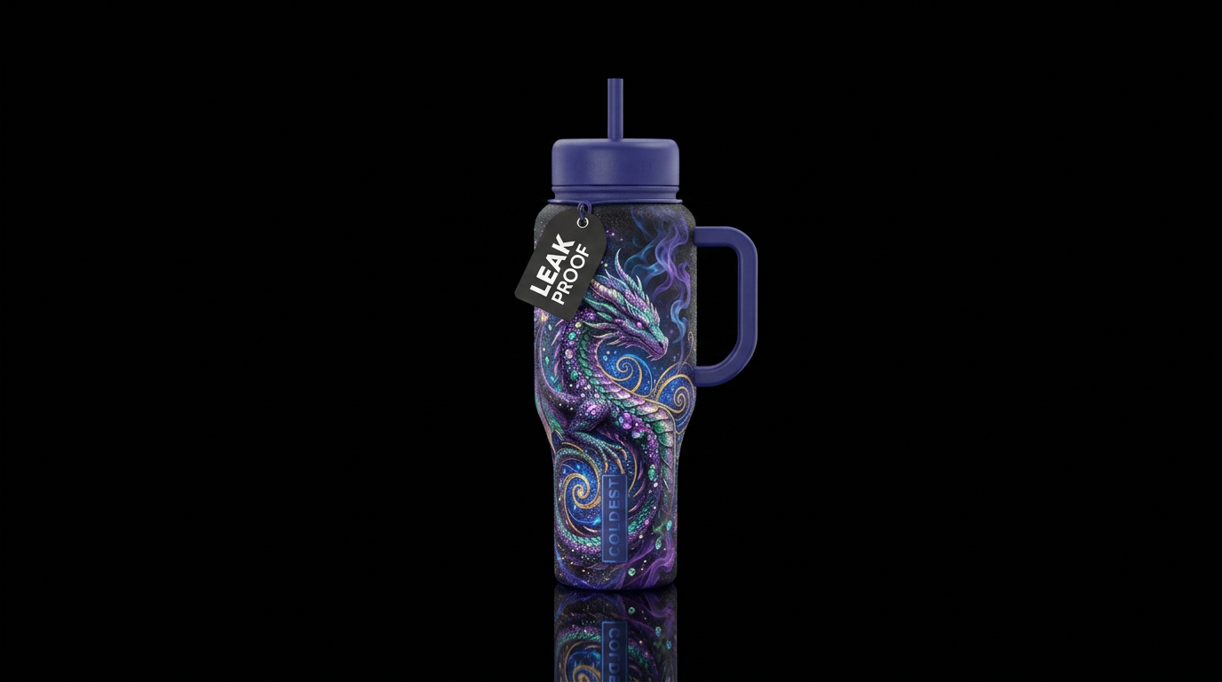 fantasy, sparkly, realism, dragon, spirals, smoke water bottle design