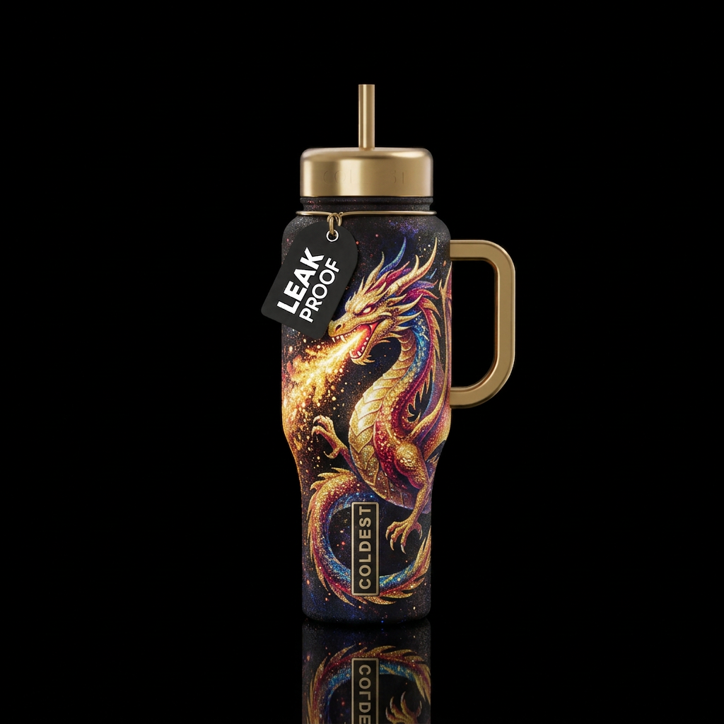 Dragon breathing 🔥 fire , sparkly,  artistic,  ab... water bottle design