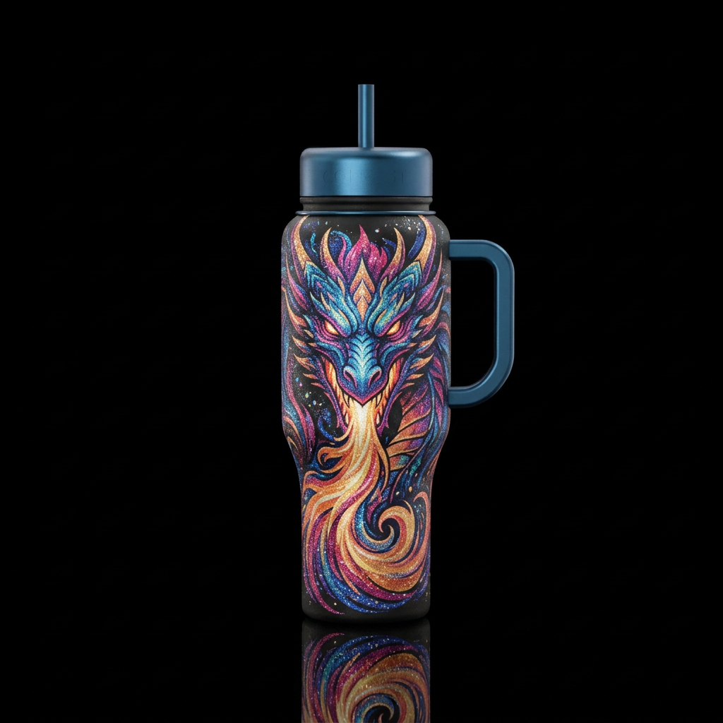 Dragon head facing you breathing fire, sparkly,  a... water bottle design