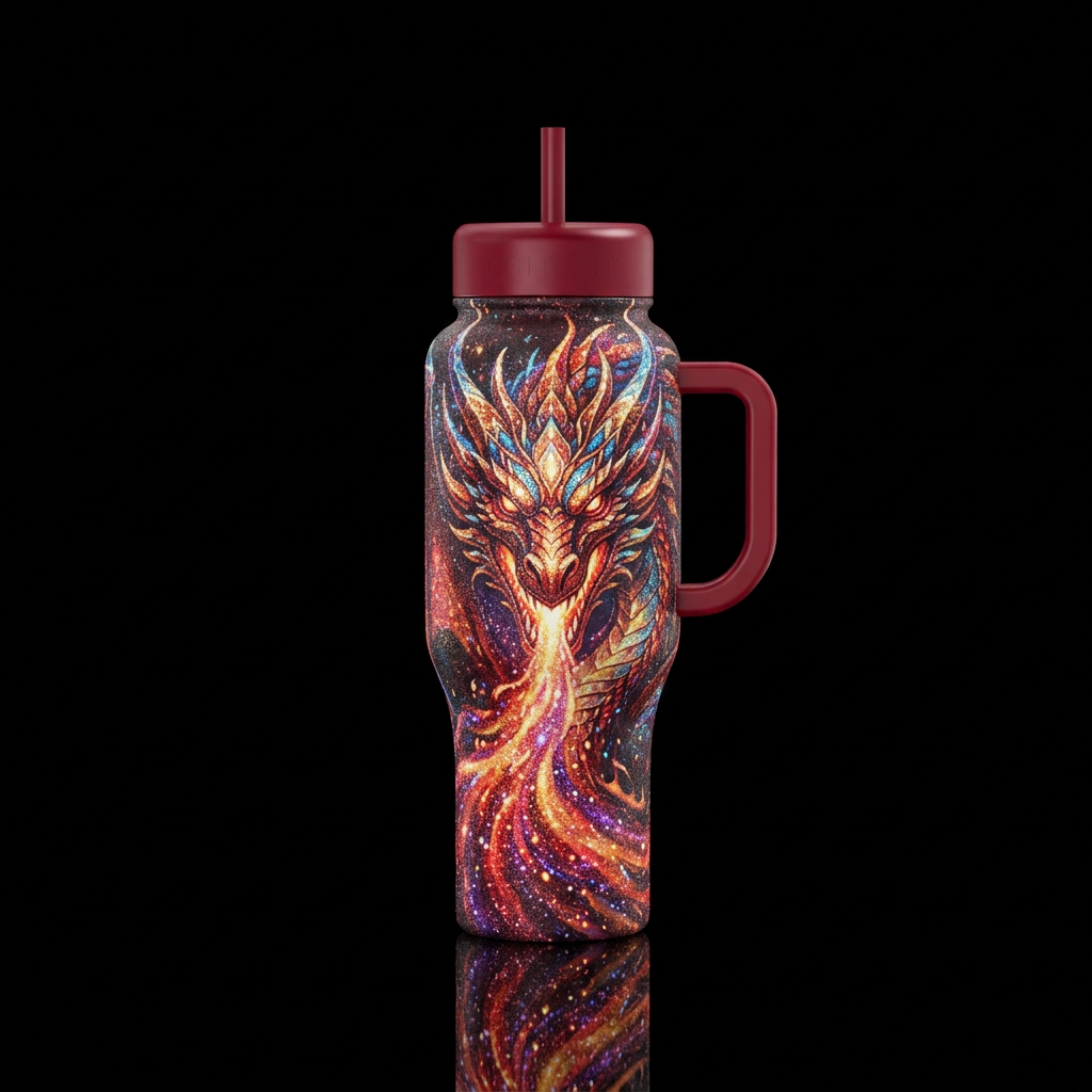 Dragon head facing you breathing fire, sparkly,  a... water bottle design