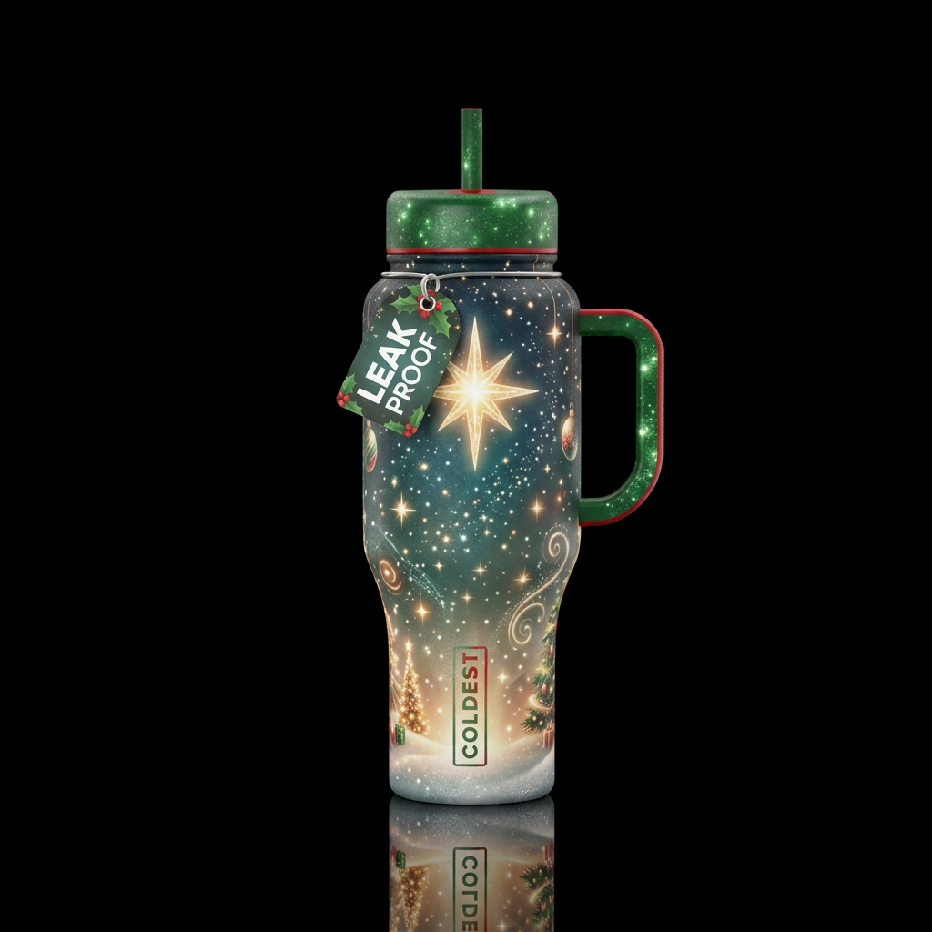North star , sparkly,  glowie,  Christmas.  Show a... water bottle design