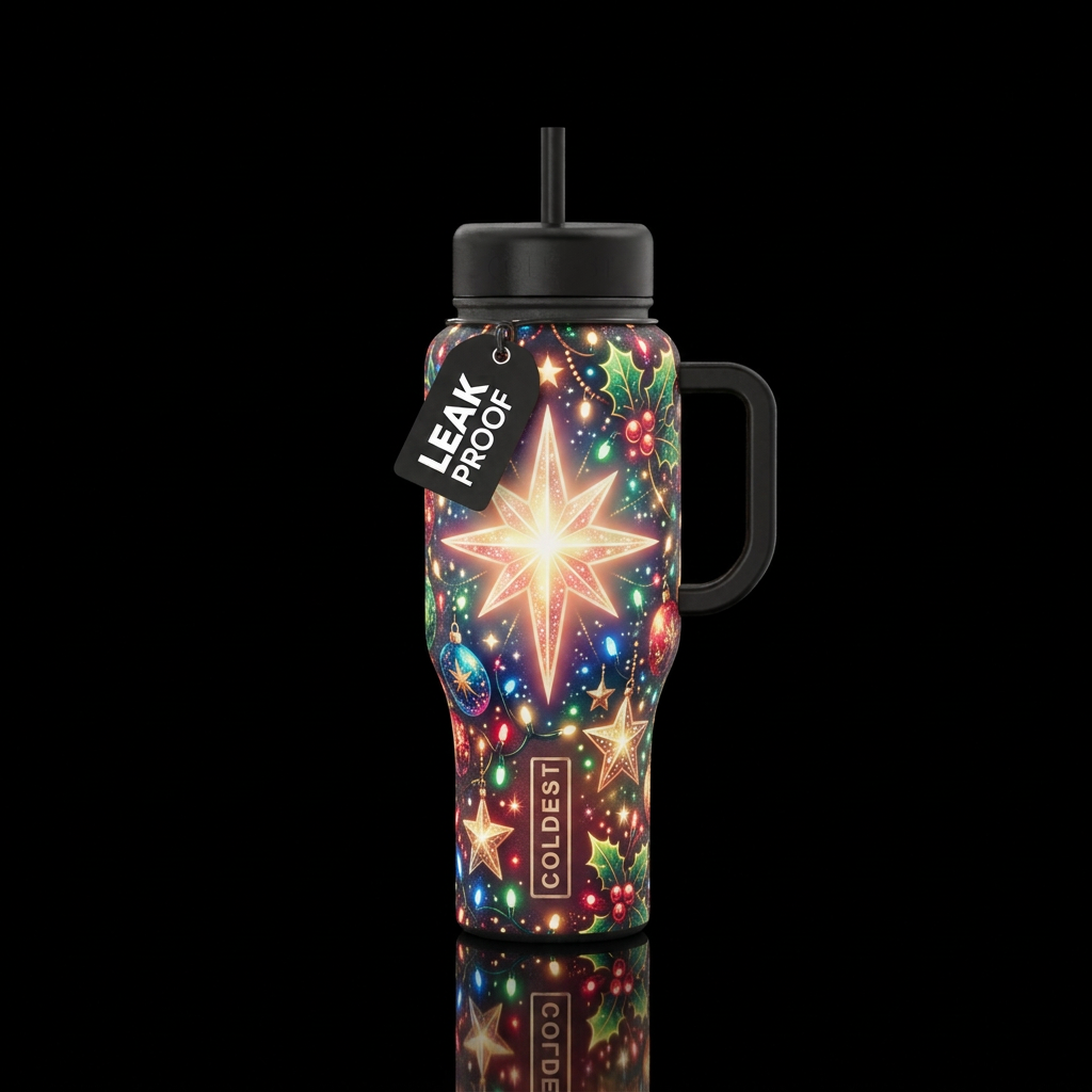 North star , sparkly,  glowie,  Christmas.  Show a... water bottle design
