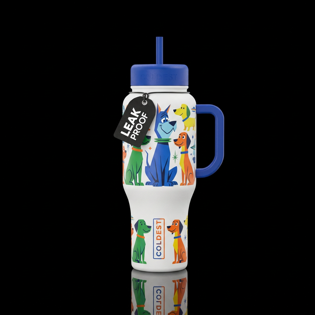 Different dog sizes and colors  in the style of th... water bottle design