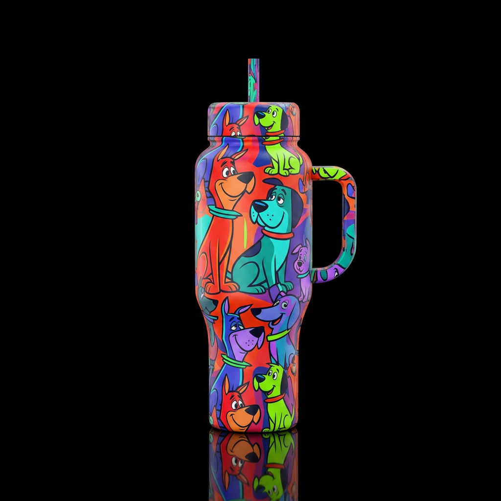 Different dog sizes and colors  in the style of th... water bottle design