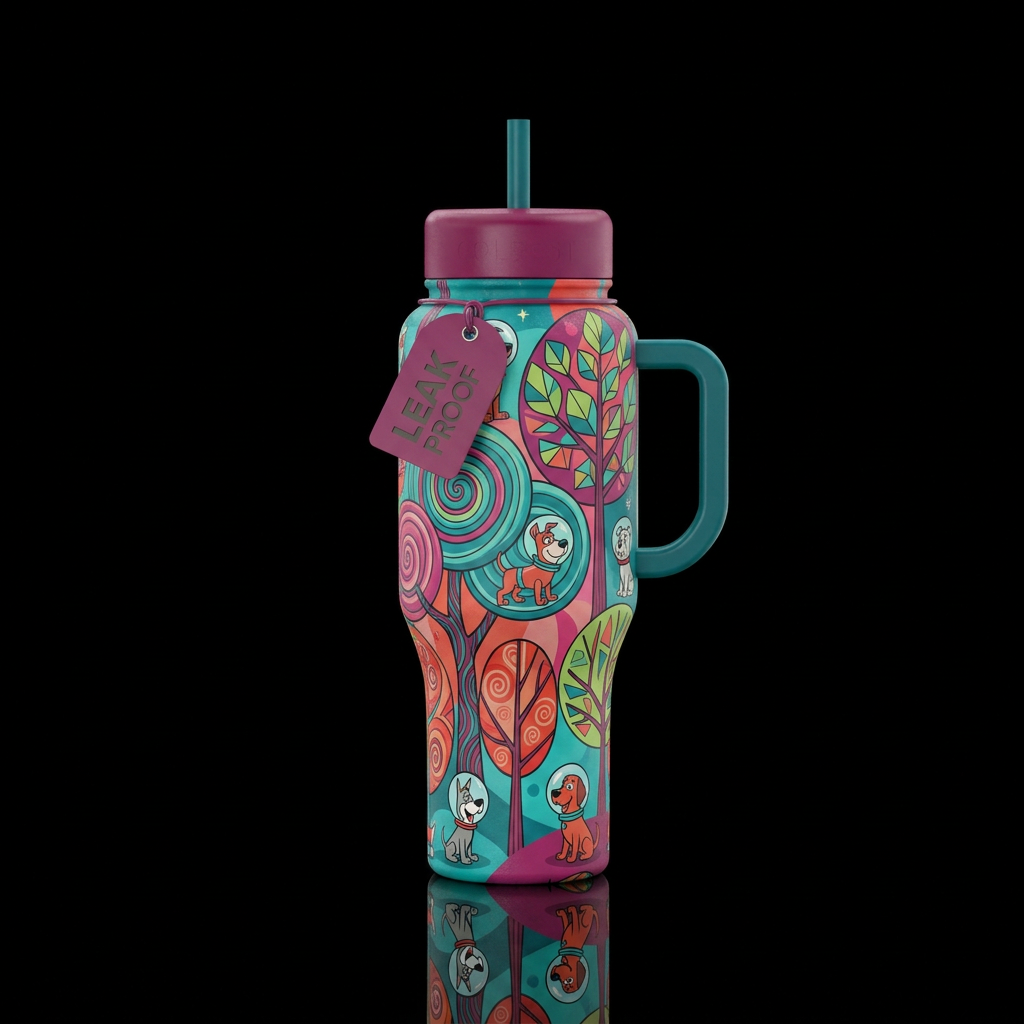 Dogs design in the Jetson tv show and trees abstra... water bottle design