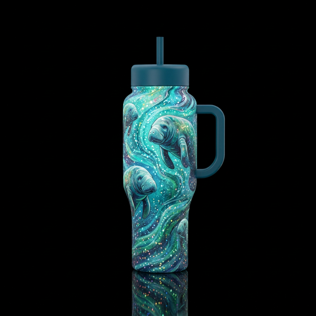 Manatees,  sparkly, in water , artistic,  abstract water bottle design