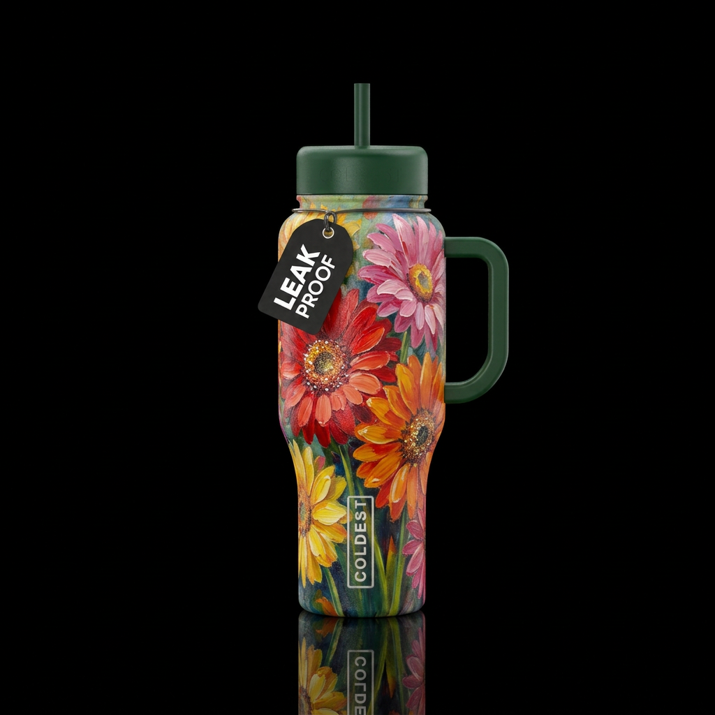 Gerber daisy flowers,  sparkling in the middle,  a... water bottle design