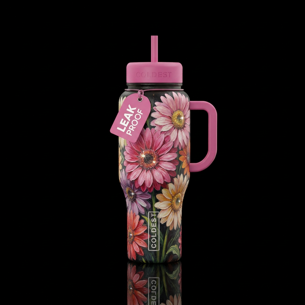 Gerber daisy flowers,  sparkling in the middle,  a... water bottle design