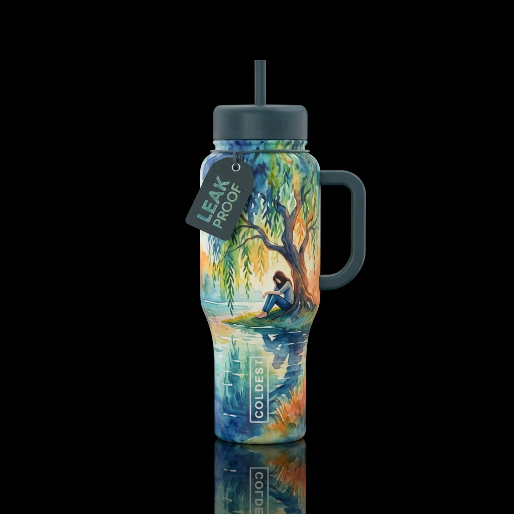 Sad mood, pond reflecting,  beautiul,  weeping wil... water bottle design