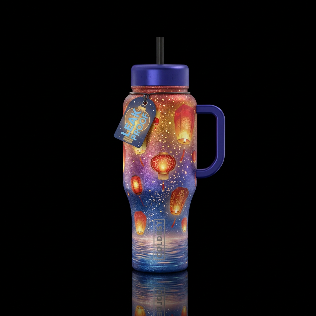 Chinese lanterns over water floating up sparkly water bottle design