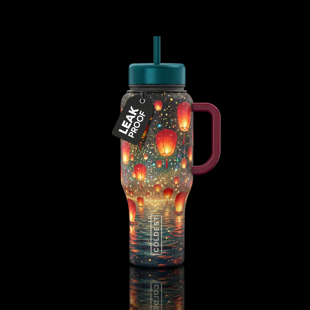 Chinese lanterns over water floating up sparkly water bottle design