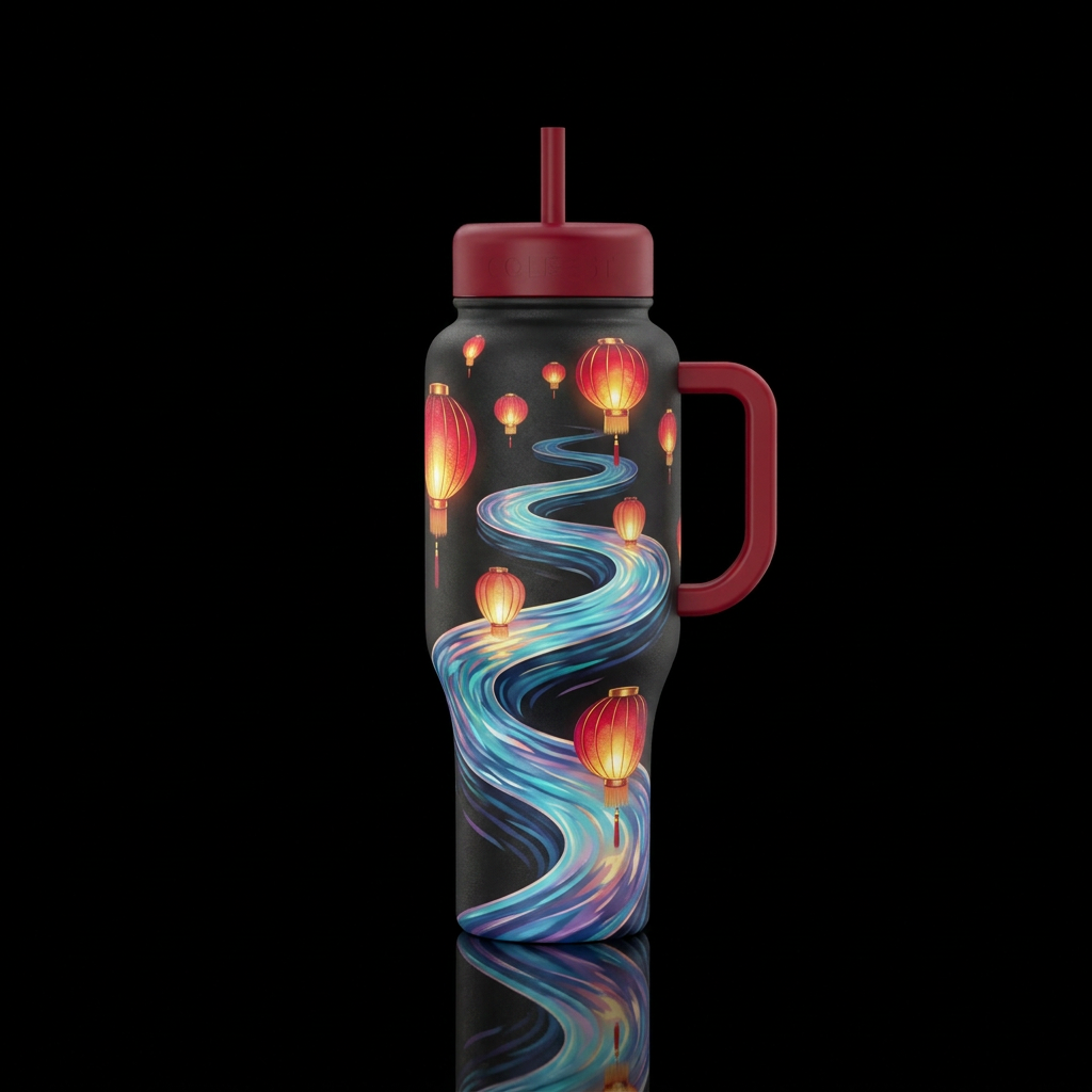 Chinese lanterns glowy over water spiral water bottle design