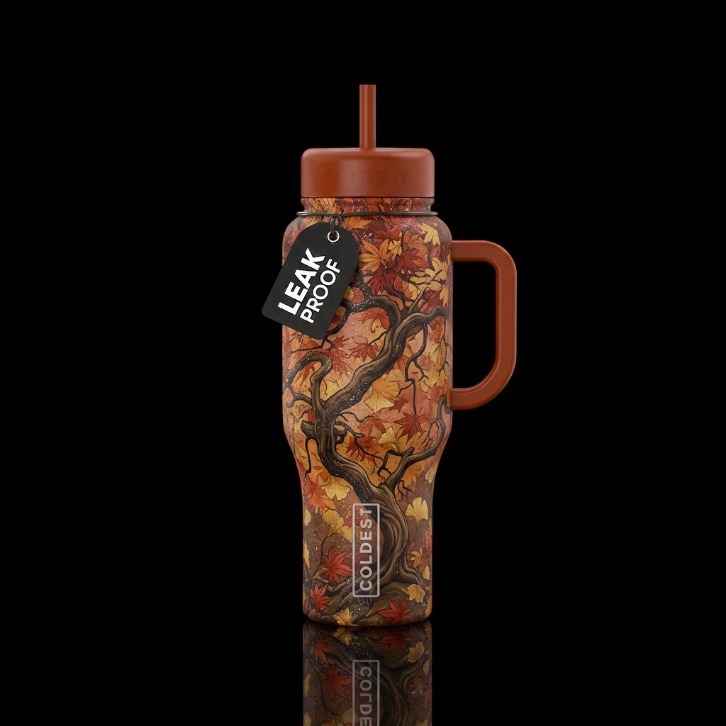Japanese tree fall vibes beautiful sparkly artisti... water bottle design