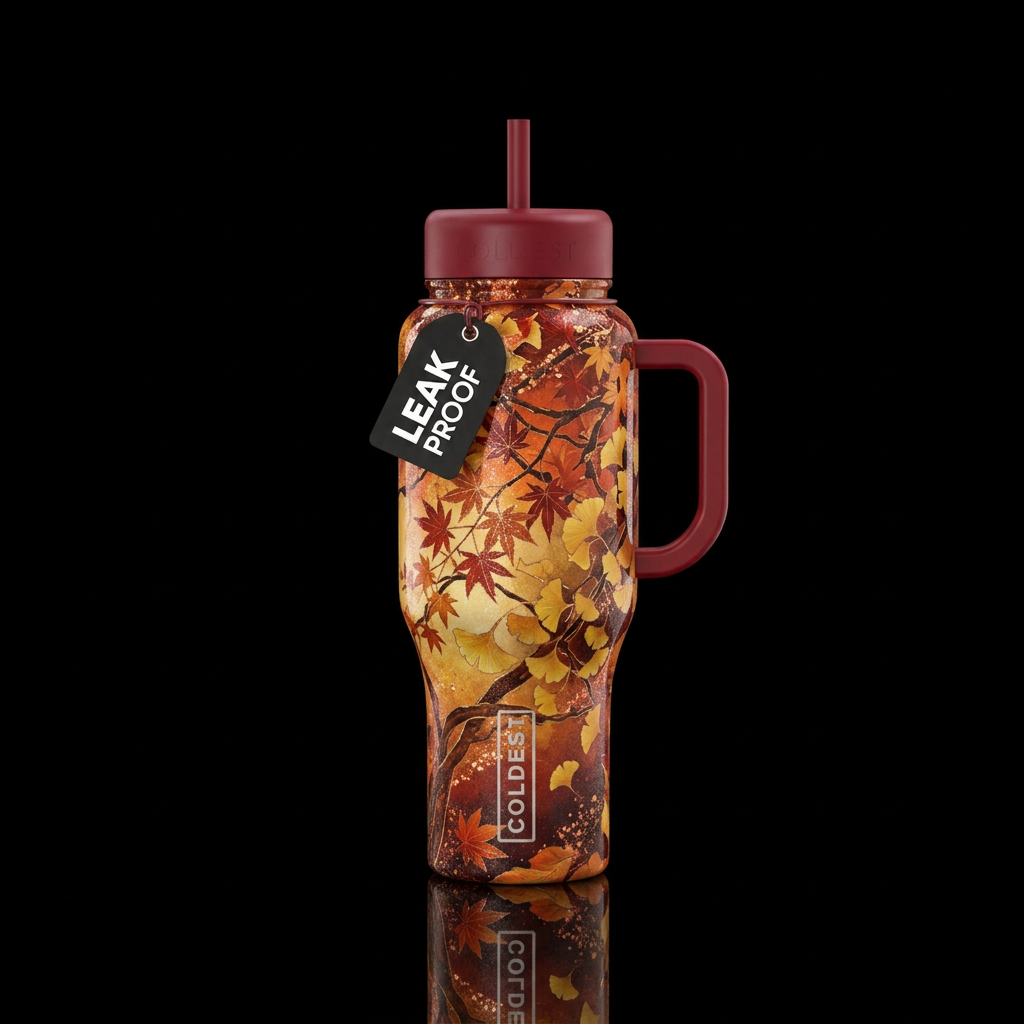 Japanese tree fall vibes beautiful sparkly artisti... water bottle design