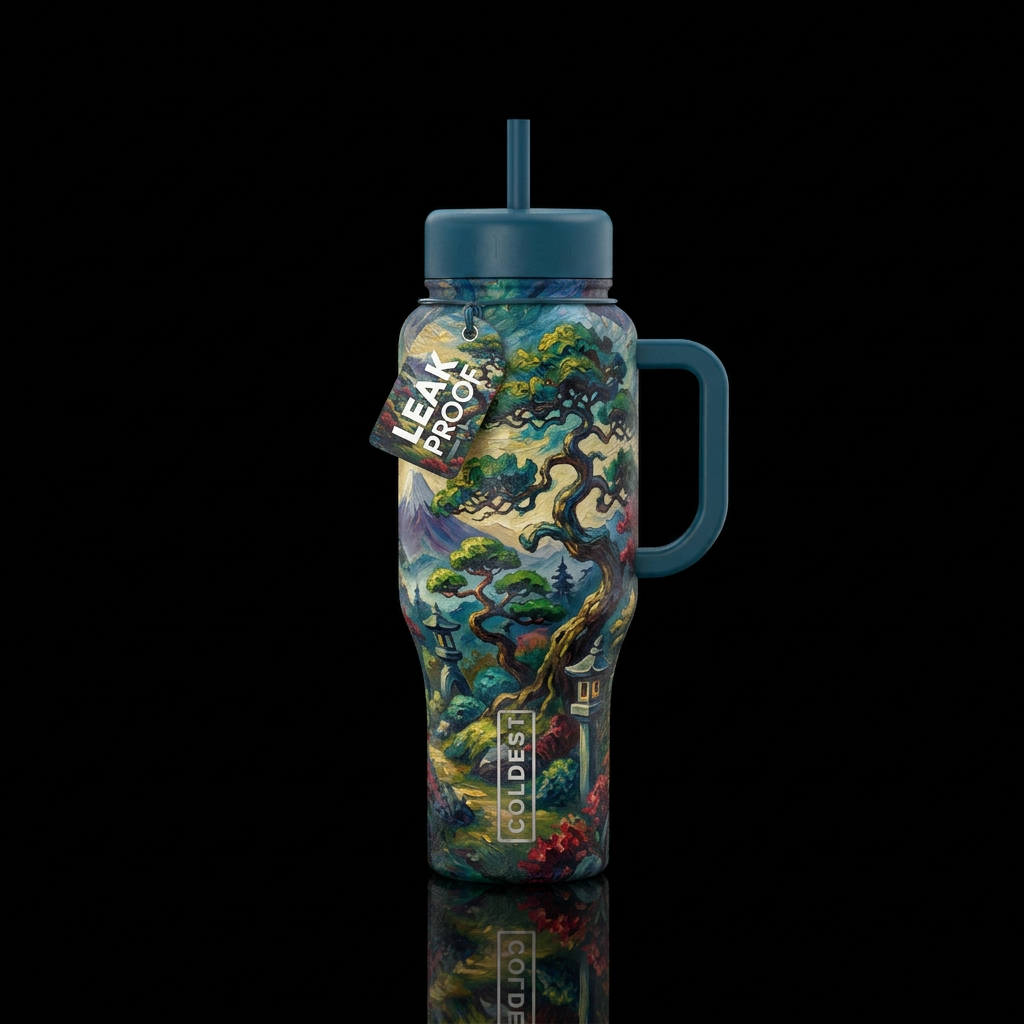 Japanese trees fantasy textured oil painting water bottle design