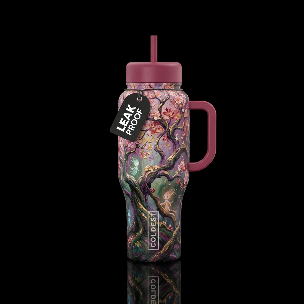 Japanese trees fantasy textured oil painting water bottle design
