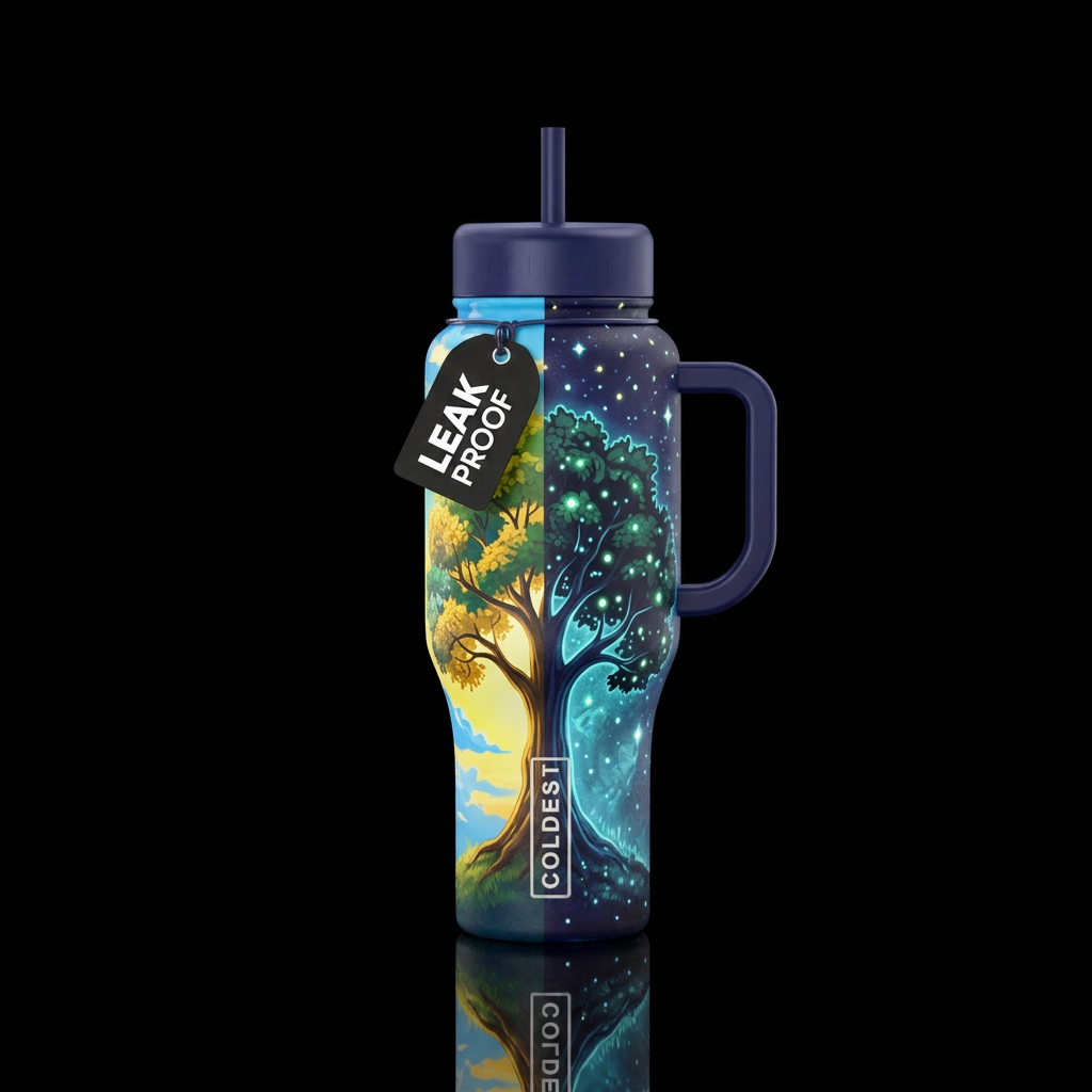 Tree  half day time,  other half night with stars,... water bottle design