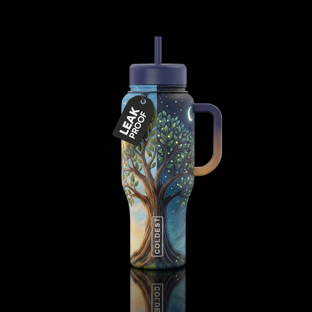 Tree  half day time,  other half night with stars,... water bottle design