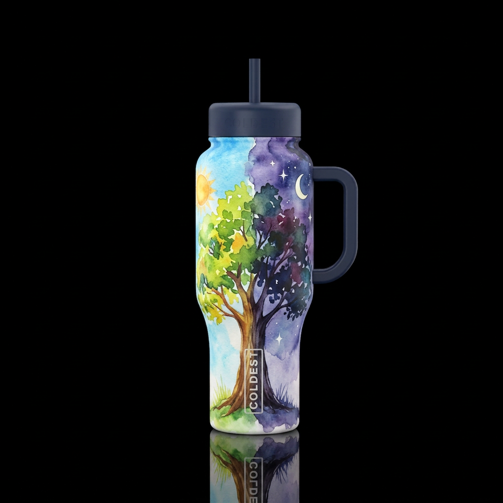 Watercolor,  tree half in the day,  other at night... water bottle design
