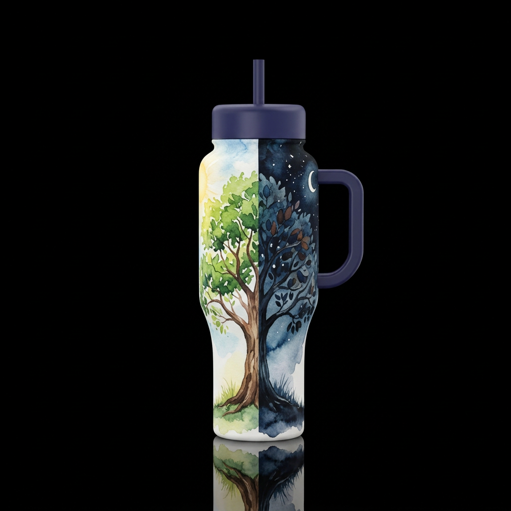 Watercolor,  tree half in the day,  other at night... water bottle design