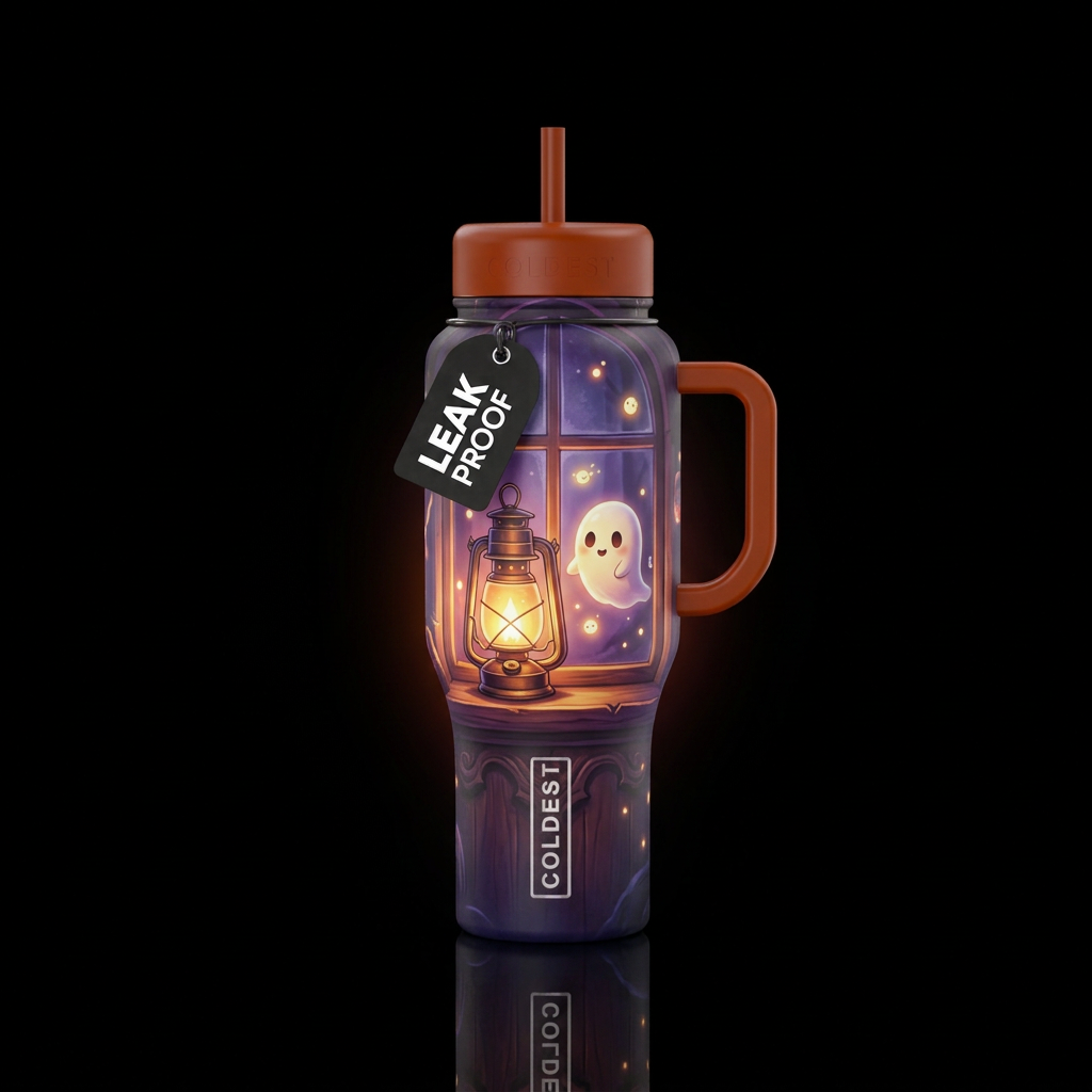 Lantern in a window,  spooky,  cute ghost,  glowie water bottle design