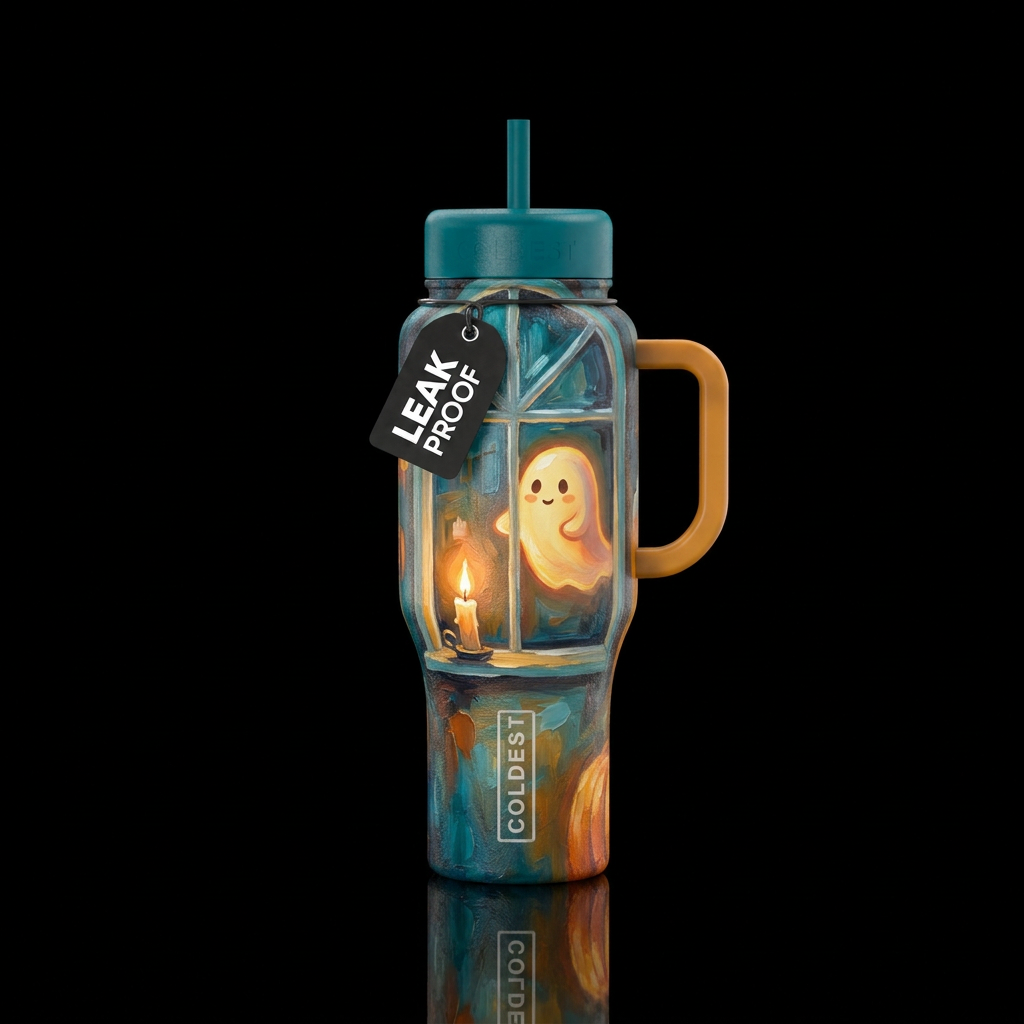 Candle in a window,  cute ghost,  glowie,  texture... water bottle design