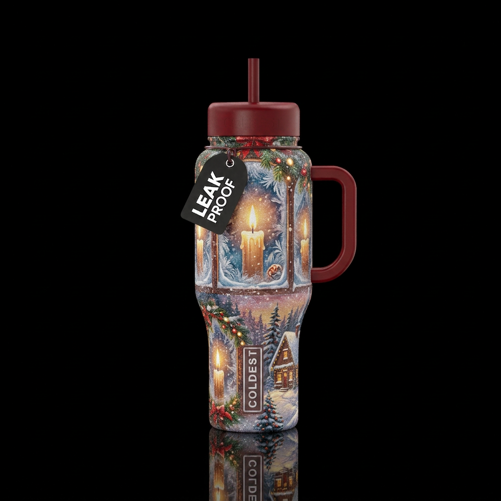 Candle in window,  Christmas,  winter wonderland, ... water bottle design