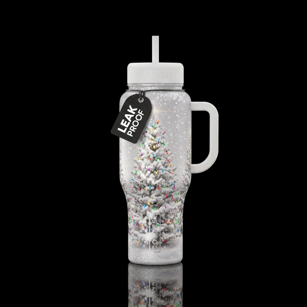 Snowy,  sparkly,  white Christmas tree,  Christmas... water bottle design