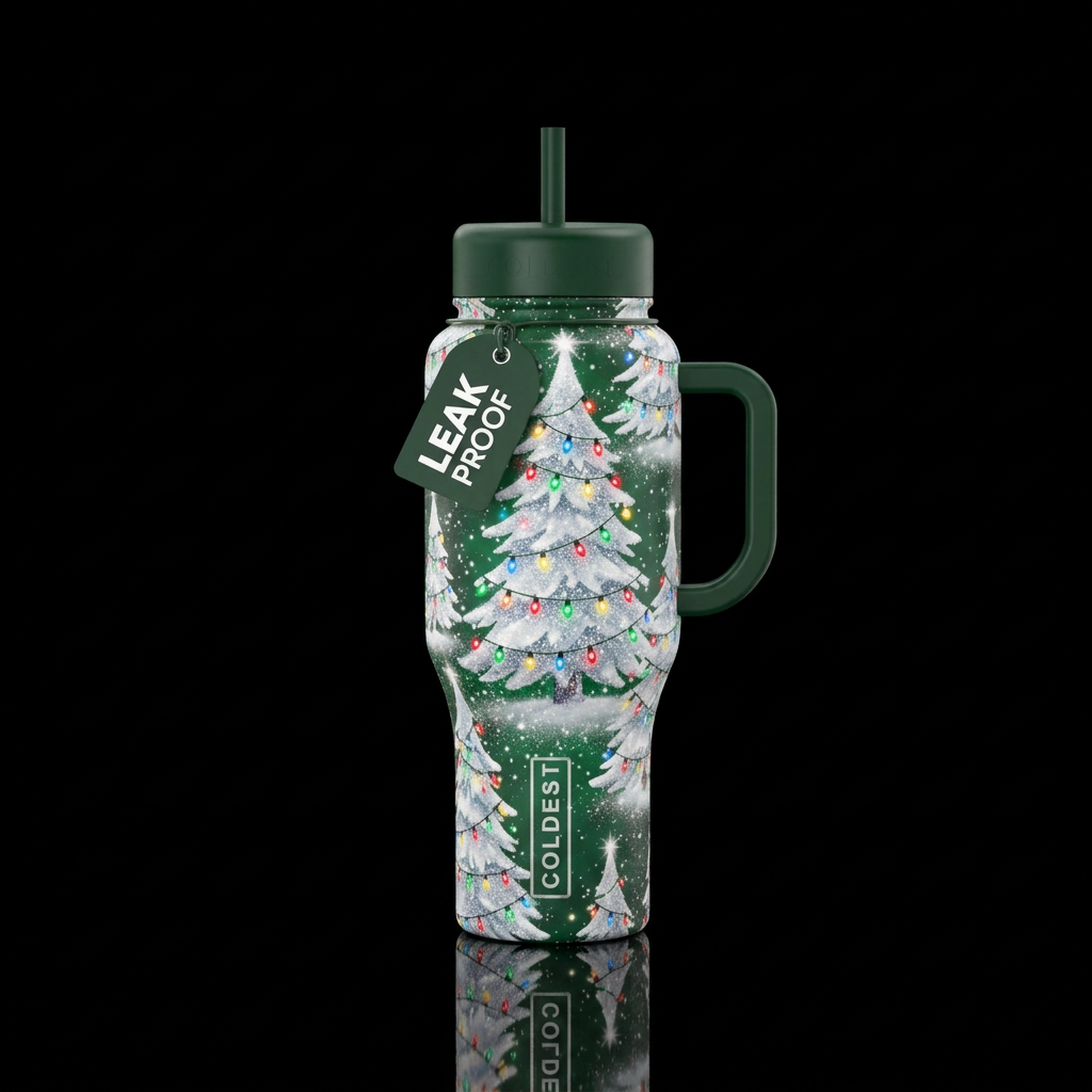 Snowy,  sparkly,  white Christmas tree,  Christmas... water bottle design