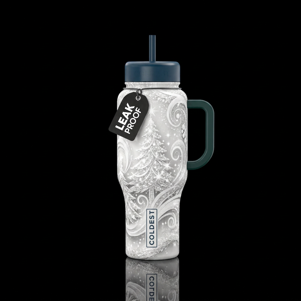 White Christmas tree,  sparkly,  texture,  swirls,... water bottle design
