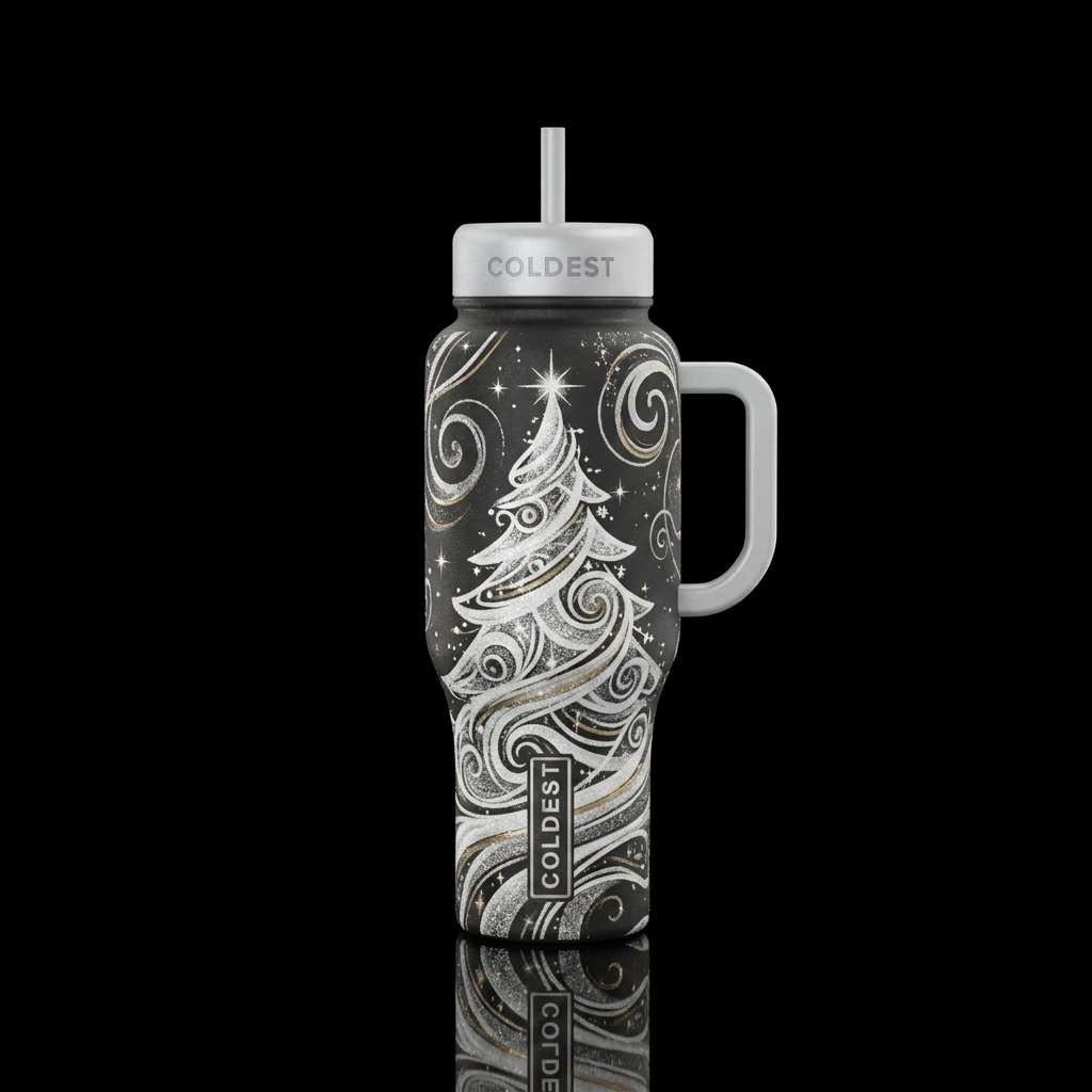 White Christmas tree,  sparkly,  texture,  swirls,... water bottle design