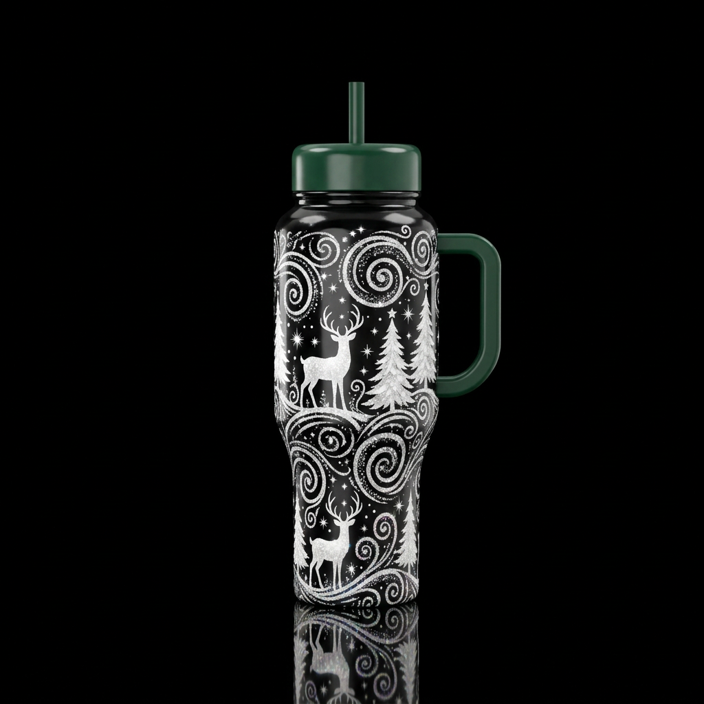 White deer,  white Christmas tree, beautiul  spark... water bottle design