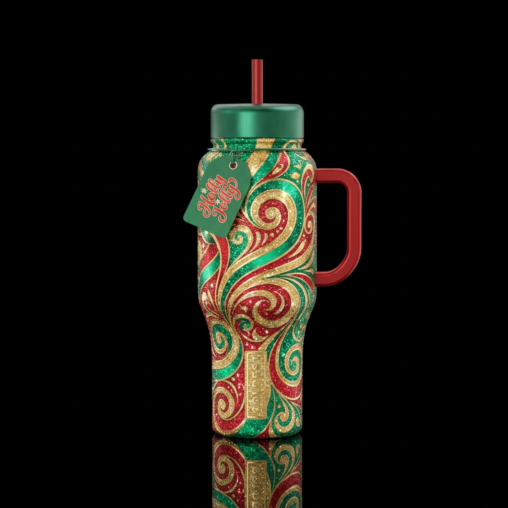 Christmas ribbon,  swirls,  spirals,  sparkly,  be... water bottle design