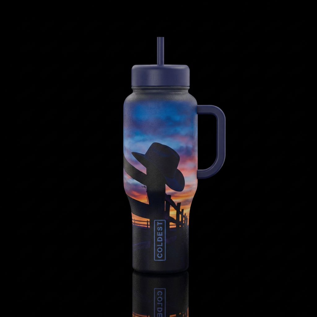 Cowboy hat tilted down on a fence post, silhouette... water bottle design