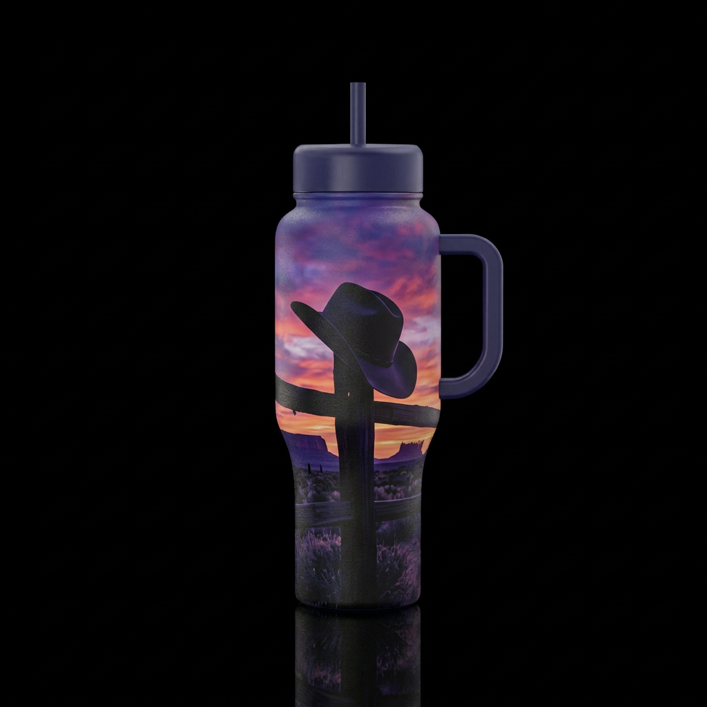 Cowboy hat tilted down on a fence post, silhouette... water bottle design