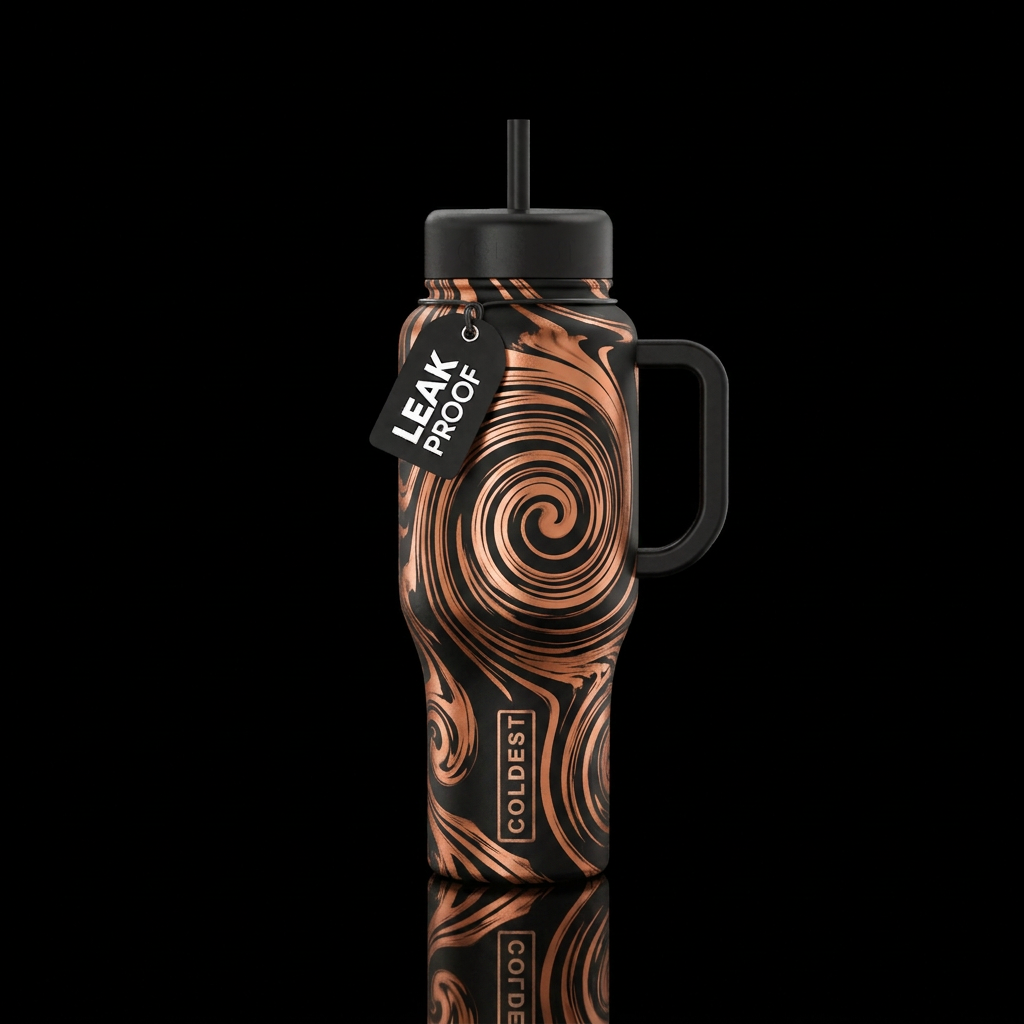 Black and copper,  spirals,  swirls,  abstract water bottle design