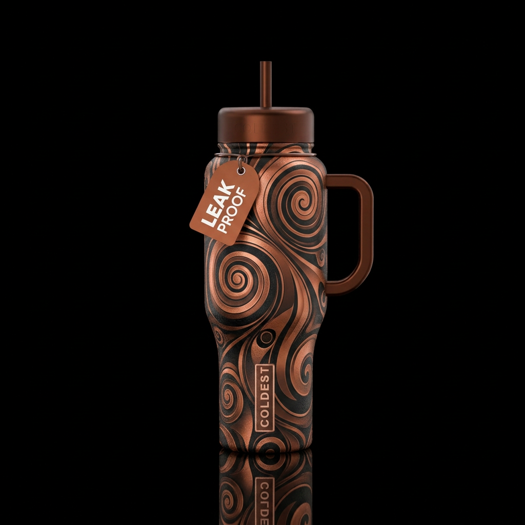 Black and copper,  spirals,  swirls,  abstract water bottle design