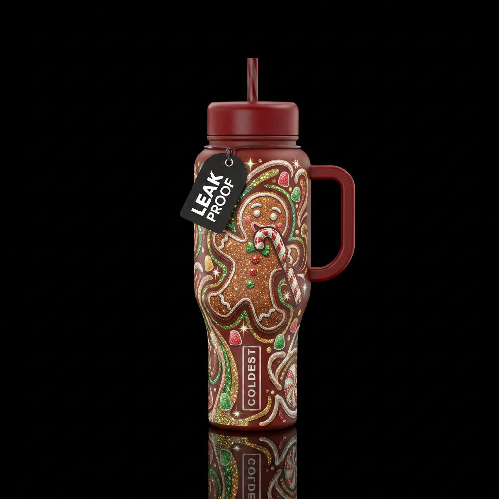 Gingerbread man eating a candy cane,  abstract,  s... water bottle design