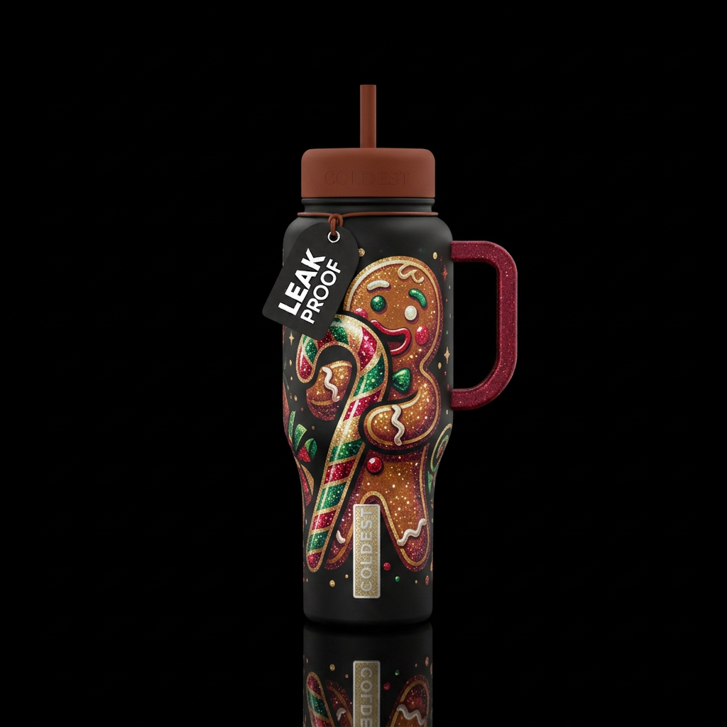 Gingerbread man eating a candy cane,  abstract,  s... water bottle design