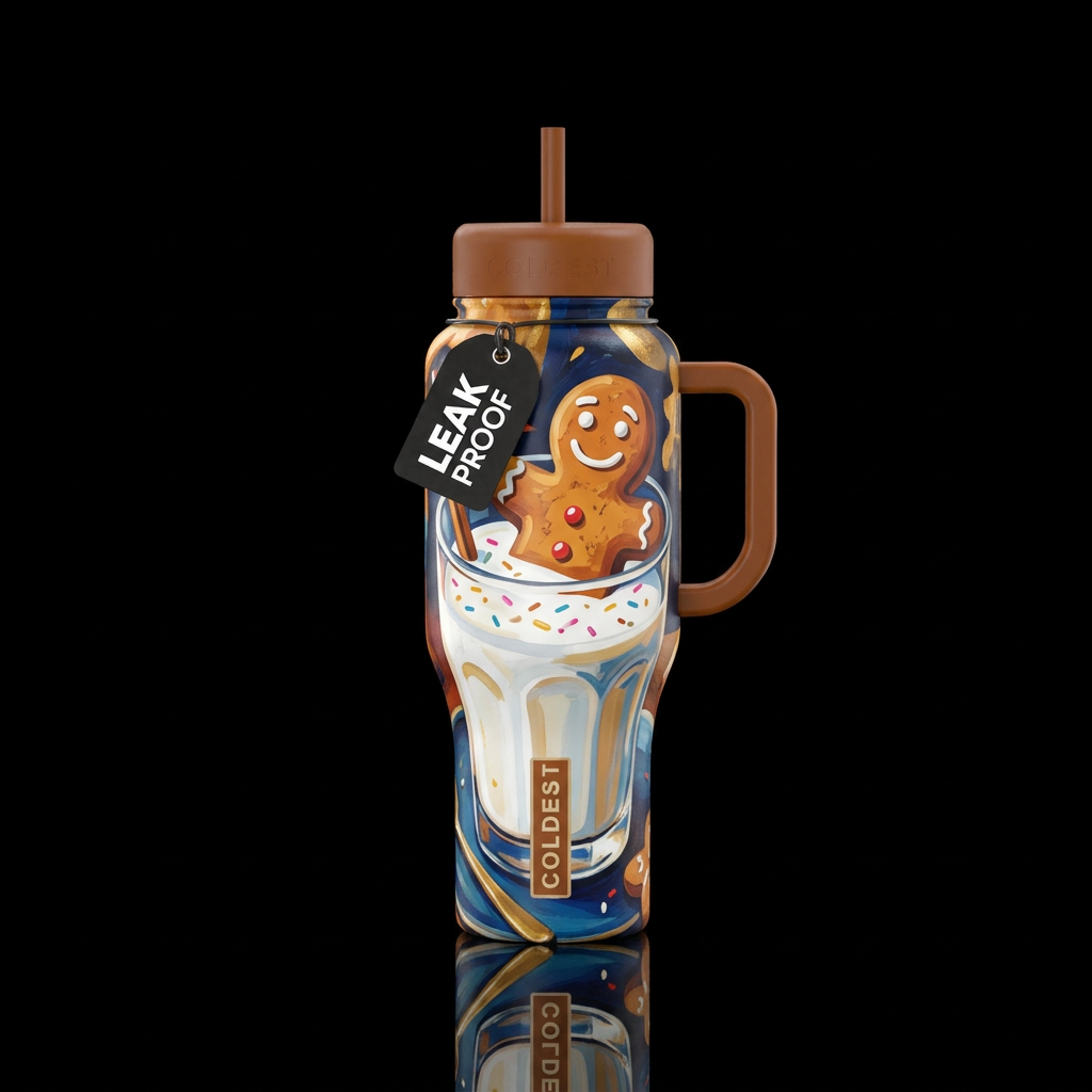 Gingerbread sitting in a glass of milk,  artistic,... water bottle design