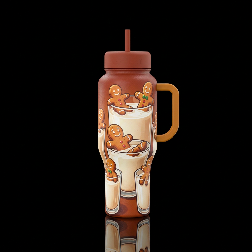 Gingerbread sitting in a glass of milk,  artistic,... water bottle design