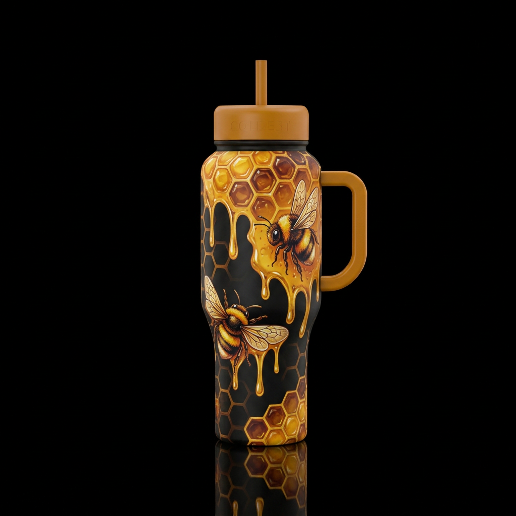 honeycomb dripping with honey,  cute bumblebee,  a... water bottle design