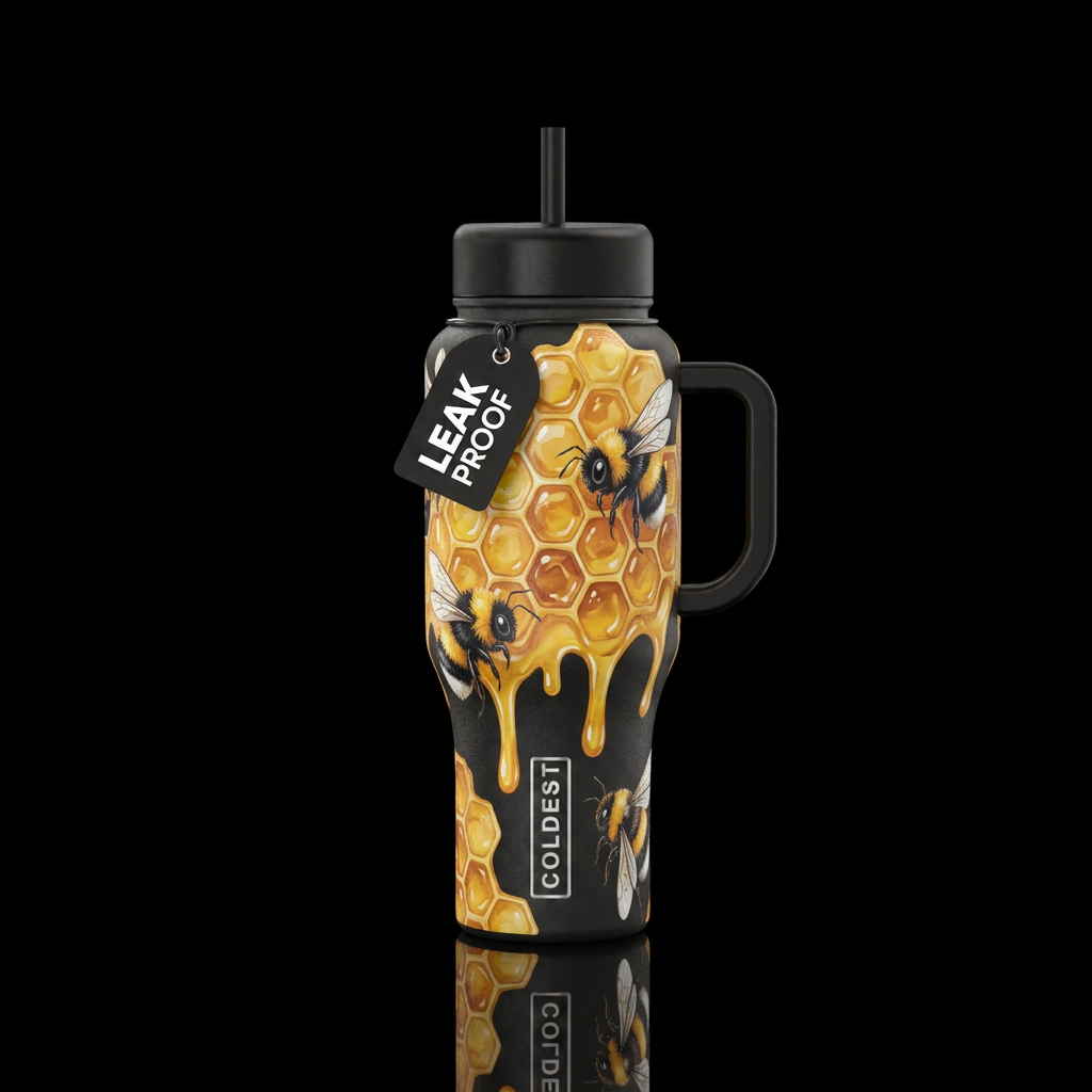 honeycomb dripping with honey,  cute bumblebee,  a... water bottle design